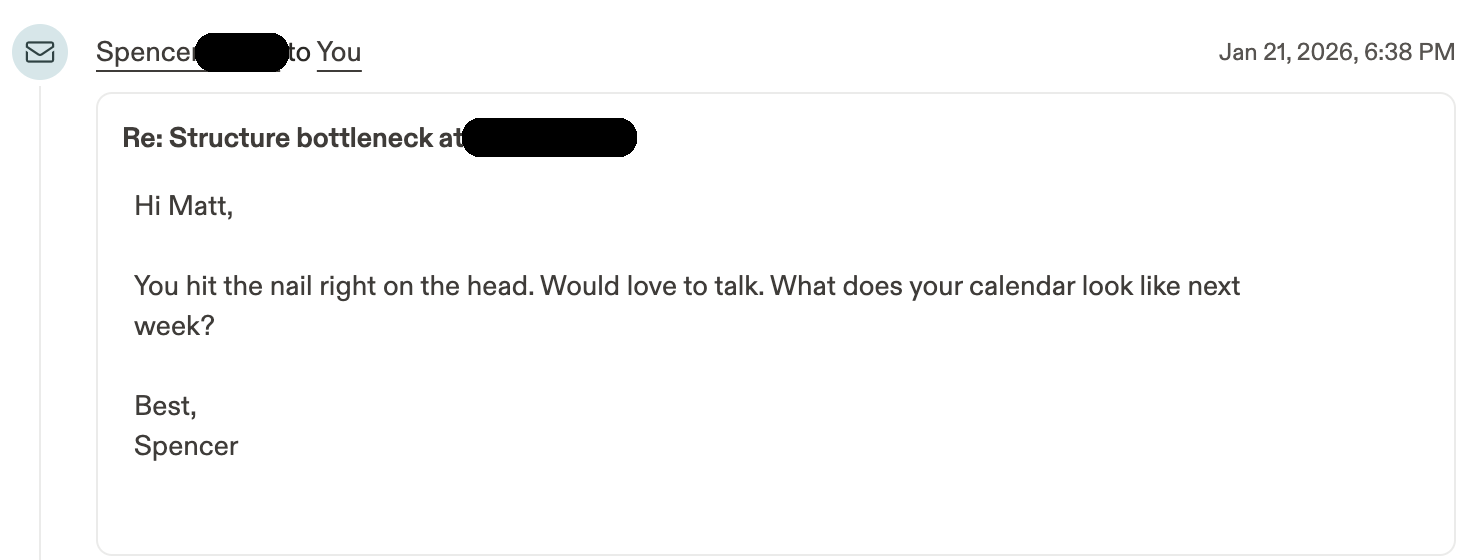 Prospect reply: you hit the nail right on the head, would love to talk, asking about calendar availability next week.